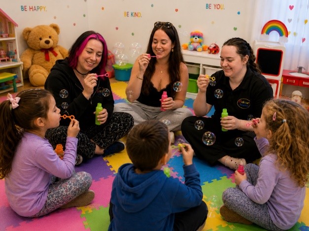 Wynette, Zoe and children blowing bubbles together on the playroom floor