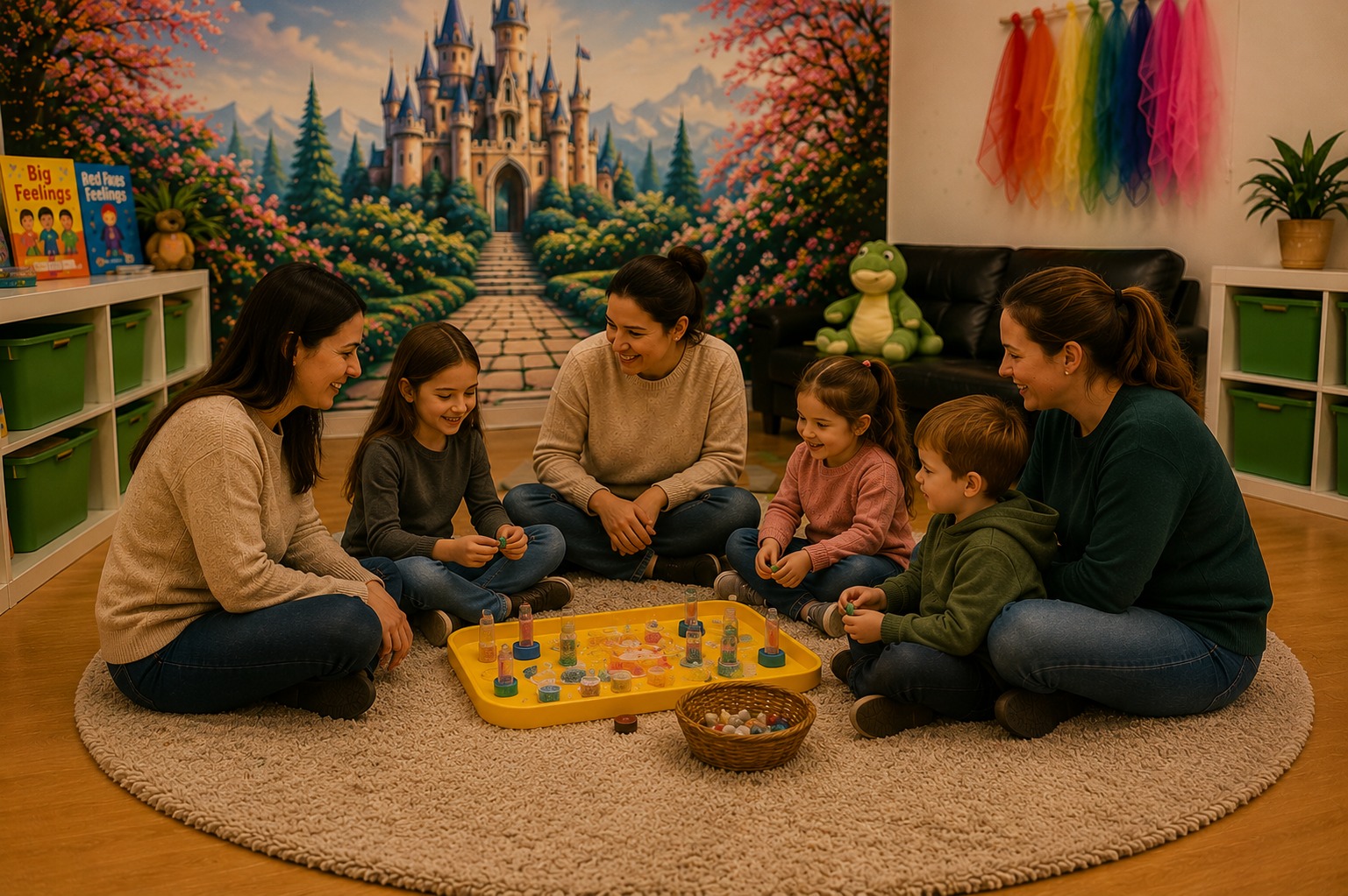Group of women and children playing on the floor indoors